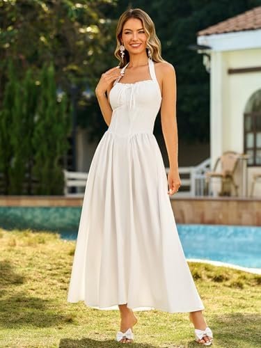 KUTUMAI Summer Floral Corset Midi Dress Halter Smocked Sundr...