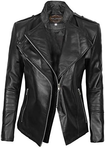 Blingsoul Womens Real Leather Motorcycle Jacket - Asymmetric...