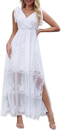 Women's V Neck Tie Strap Embroidered Lace Maxi Wedding Dress... Women's V Neck Tie Strap Embroidered Lace Maxi Wedding Dress...