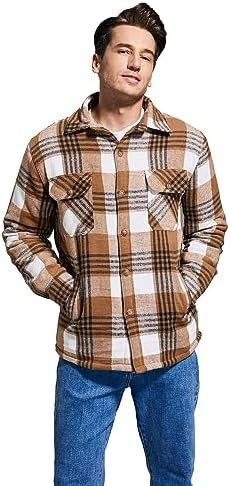 Men's Cotton Flannel Shirt Jacket Fleece Lined Long Sleeve P...