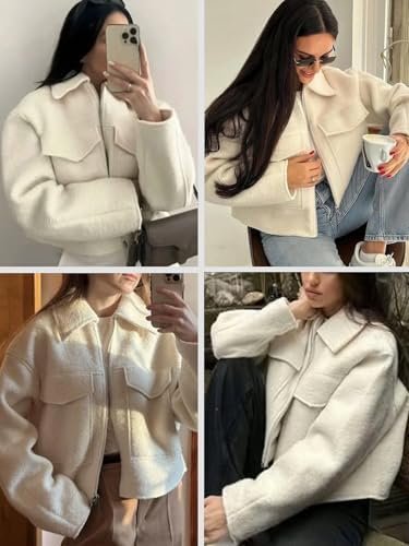 hathne Women's Wool Coat Casual Copped Bomber Jacket Zip Up ...