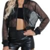 Nlife Women Sheer Mesh Sparkly Bomber Jackets See Thru Glitt...