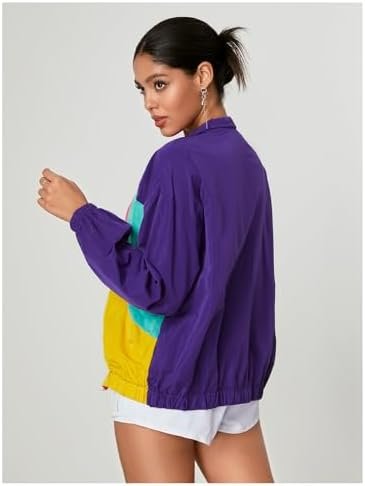 WDIRARA Women's Color Block Zip Up Lightweight Jacket Patchw...