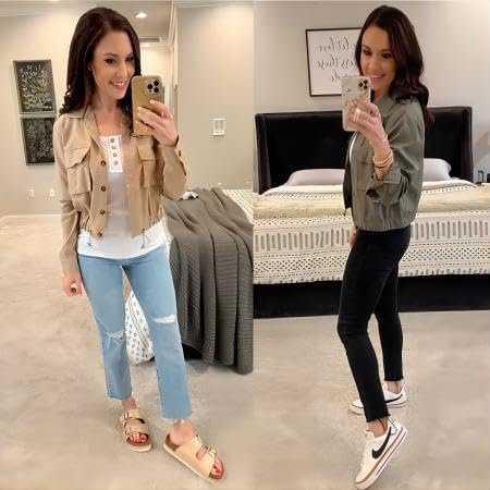 Onedreamer Women's Military Safari Cropped Jackets Button Do...