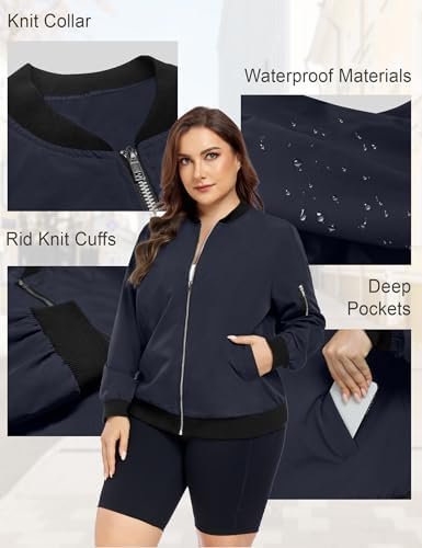 FOREYOND Plus Size Bomber Jackets for Women Zip Up Lightweig...