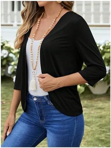 WDIRARA Women's Asymmetrical Hem Open Front Thin Jackets 3/4...