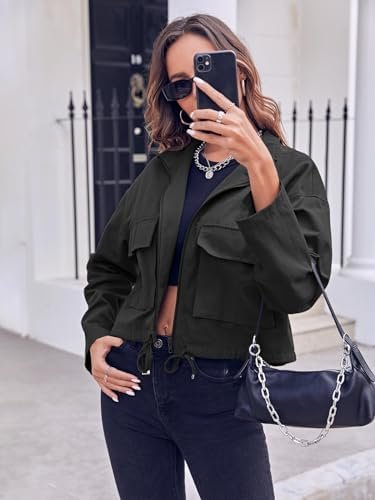 Tankaneo Women Casual Cropped Jackets Zip Up Lightweight Mil...