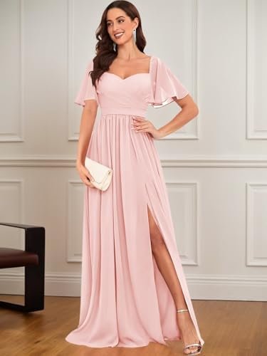 Chiffon Bridesmaid Dresses for Wedding with Short Sleeves Sw...