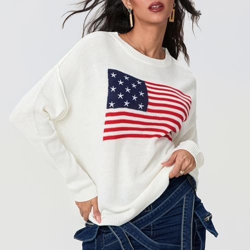 Women's Flag Pattern Long Sleeve Sweater 4th of July Round N...