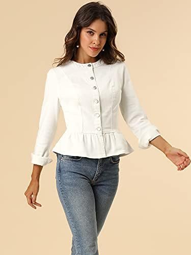 Allegra K Women's Peplum Denim Jackets Collarless Round Neck...