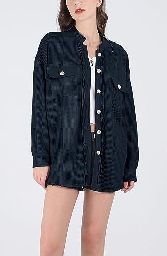 chouyatou Women's Loose Fit Batwing Sleeve Waffle Knit Butto...