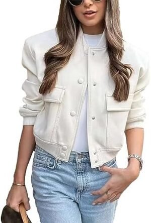 Womens Cropped Bomber Jacket Button Down Varsity Jackets Sha... Womens Cropped Bomber Jacket Button Down Varsity Jackets Sha...