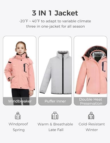 wantdo Girl's Ski Jacket Warm 3 in 1 Winter Coat Fleece Line...