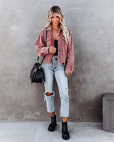 Womens Cropped Corduroy Jacket Casual Button Down Shacket Co...