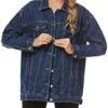 PUWEI Women's Oversized Denim Jacket Distressed Lapel Button...
