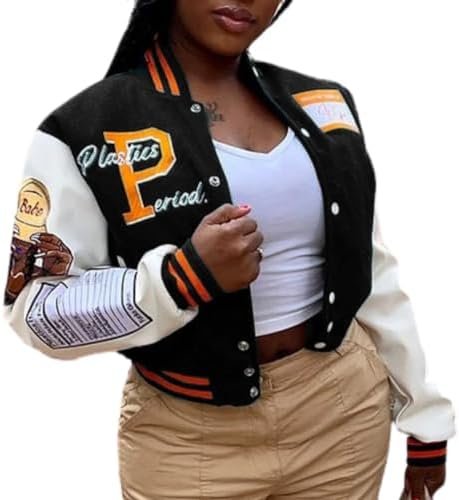 NIFTRIRY Varsity Jacket Women Patch Casual Jacket Cropped Ja...