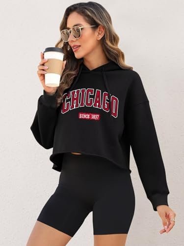 ORANDESIGNE Woman Letter Graphic Print Cropped Hoodie Long S...