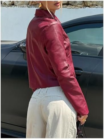 MakeMeChic Women's Crop Faux Leather Jacket Vintage Long Sle...