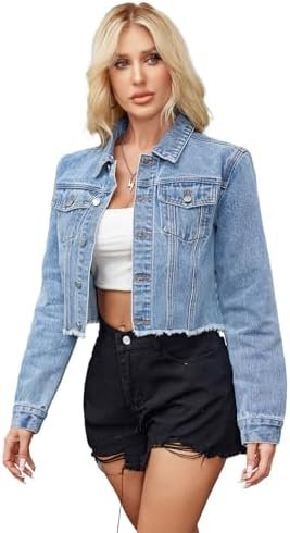Jean Jacket Women Frayed Raw Hem Button Up Long Sleeve Cropp...