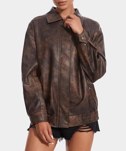 Women's Faux Leather Jackets Long Sleeve Zipper Oversized Mo...