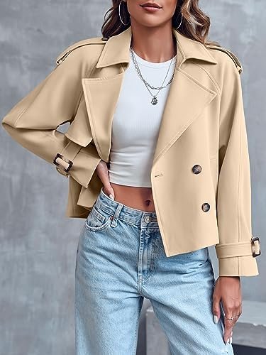 Saodimallsu Women Crop Double Breasted Trench Coat Raglan Sl...