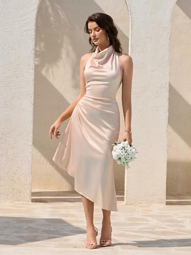 HTZMO Satin Mock Neck Backless Midi Dresses Ruched Back Tie ...