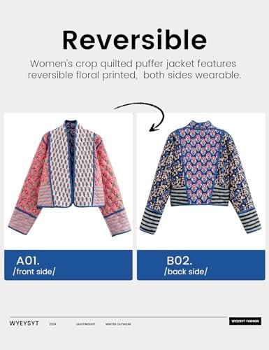 Wyeysyt Women's Cropped Puffer Quilted Jacket Cardigan Flora...