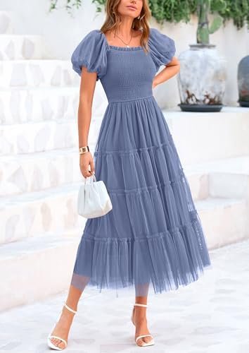 PRETTYGARDEN Women's Smocked Midi Tulle Dress 2025 Summer Pu...