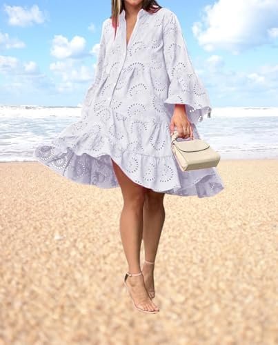 White Floral Dress for Women Hollow Out Lace Boho Solid V Ne...