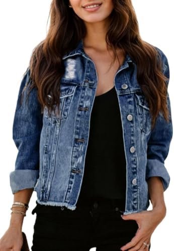 Kedera Womens Denim Jacket Distressed Frayed Ripped Jean Jac...