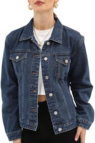 Argstar Denim Jacket for Women Button Up Long Sleeve with Po...