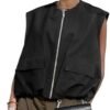 Women Cargo Vest Oversize Cropped Sleeveless Jacket Lightwei...