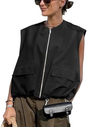 Women Cargo Vest Oversize Cropped Sleeveless Jacket Lightwei...