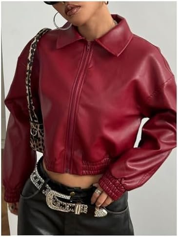 Women's Y2K Faux PU Leather Jacket Crop Zip Up Motorcycle Co...