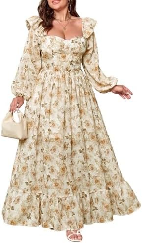 Women's Floral Puff Long Sleeve Maxi Dress Sexy Sweetheart C... Women's Floral Puff Long Sleeve Maxi Dress Sexy Sweetheart C...