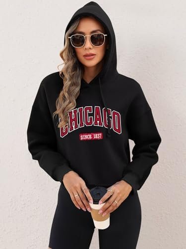 ORANDESIGNE Woman Letter Graphic Print Cropped Hoodie Long S...