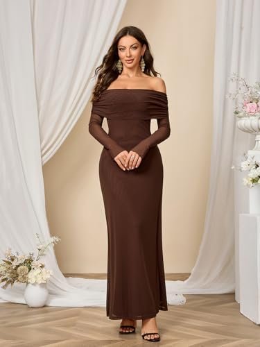 Colysmo Women Long Sleeve Mesh Off Shoulder Bodycon Maxi Dre...