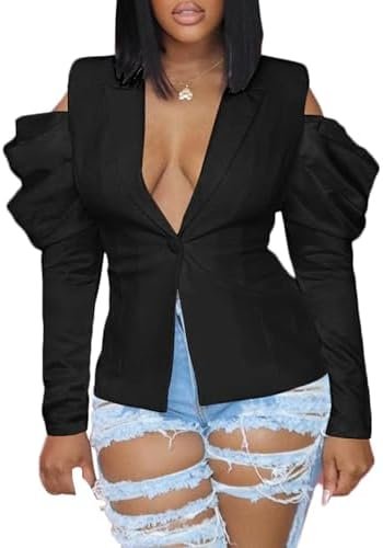 DINGANG Women's Casual Blazers Open Front Puff Sleeve Work O...