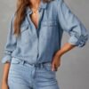 Astylish Women Button Down Denim Shirts Casual Long Sleeve V...