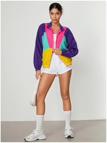 WDIRARA Women's Color Block Zip Up Lightweight Jacket Patchw...