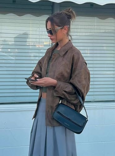 Women's Faux Leather Jacket Zip Up Short Fitted Slim Coat Bo...