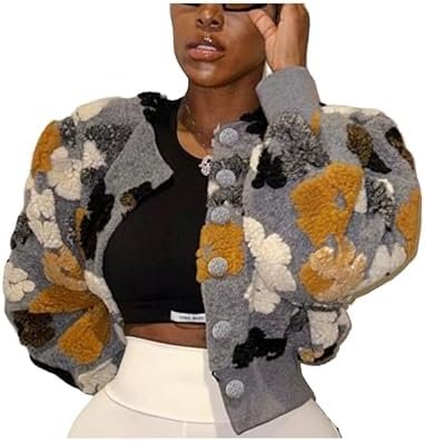 Women's Cropped Floral Print Jacket Long Sleeve Fleece Warm ...