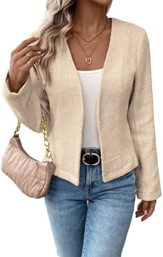 2025 Women's Spring Tweed Blazer Fully-Lined Collarless Open...