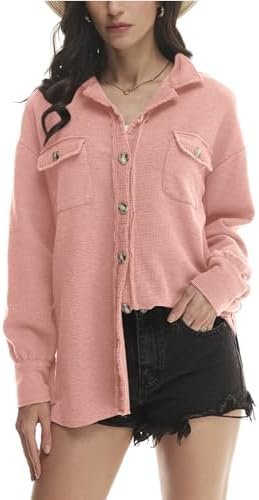 Yanekop Waffle Knit Button Down Shirt Womens Shacket Oversiz...