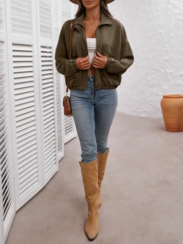 Women's Cropped Oversized Safari Jackets Zip Up Stand Collar...