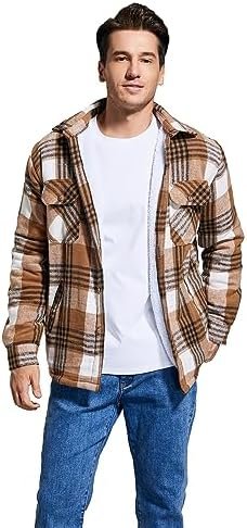 Men's Cotton Flannel Shirt Jacket Fleece Lined Long Sleeve P...