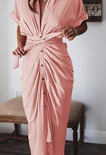 Women Elegant Satin Button Down Short Sleeve Maxi Shirt Dres...