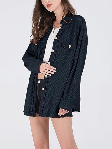 chouyatou Women's Loose Fit Batwing Sleeve Waffle Knit Butto...