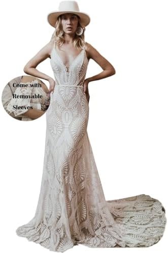 Boho Lace Wedding Dress for Brides Could Sleeves Deep V Neck...