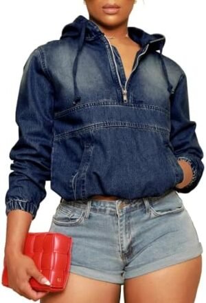 PINSV Women's Half Zip Sweatshirt Denim Hoodie Pullover Jack... PINSV Women's Half Zip Sweatshirt Denim Hoodie Pullover Jack...